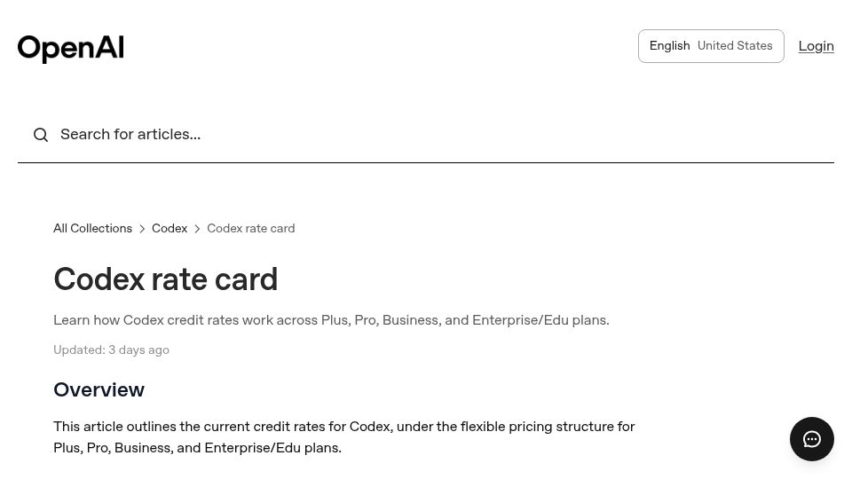 Screenshot of help.openai.com: Codex pricing to align with API token usage, instead of per-message