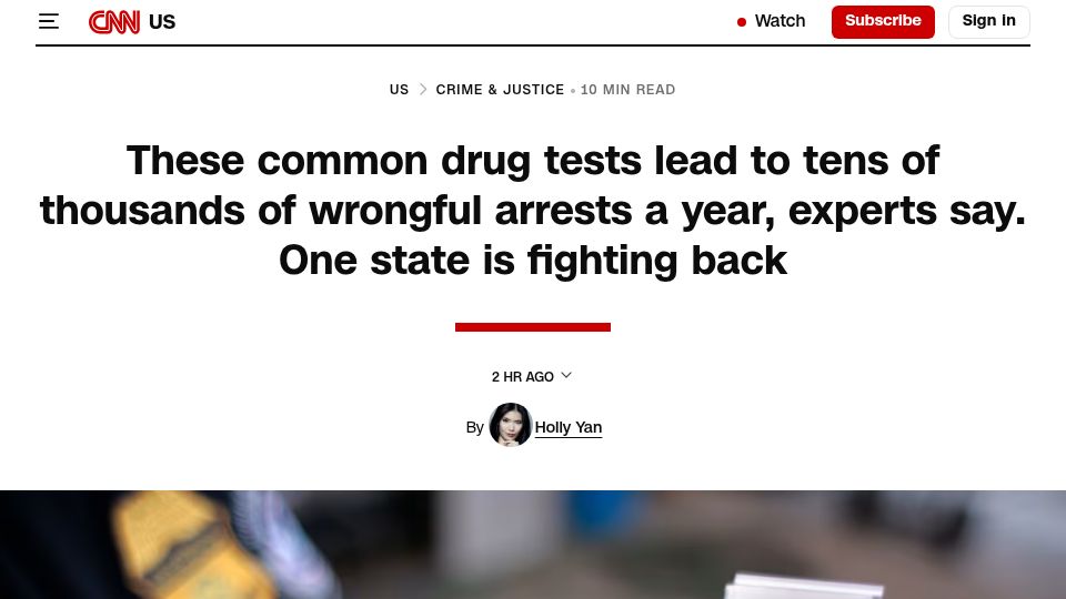 Screenshot of cnn.com: Common drug tests lead to tens of thousands wrongful arrests a year