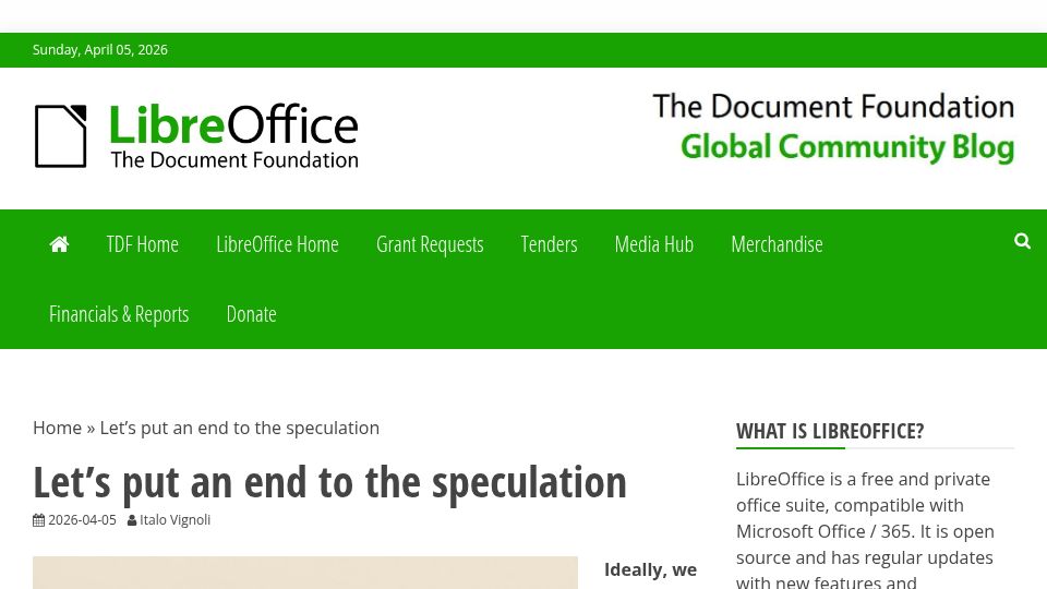 Screenshot of blog.documentfoundation.org: LibreOffice – Let's put an end to the speculation
