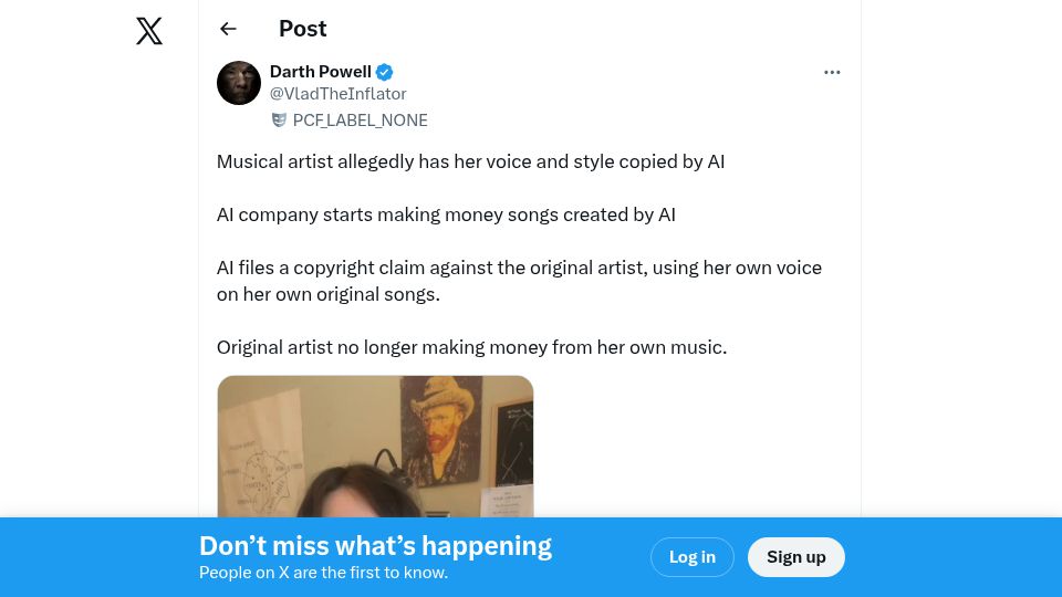 Screenshot of twitter.com: AI that copied musical artist files copyright claim against that artist