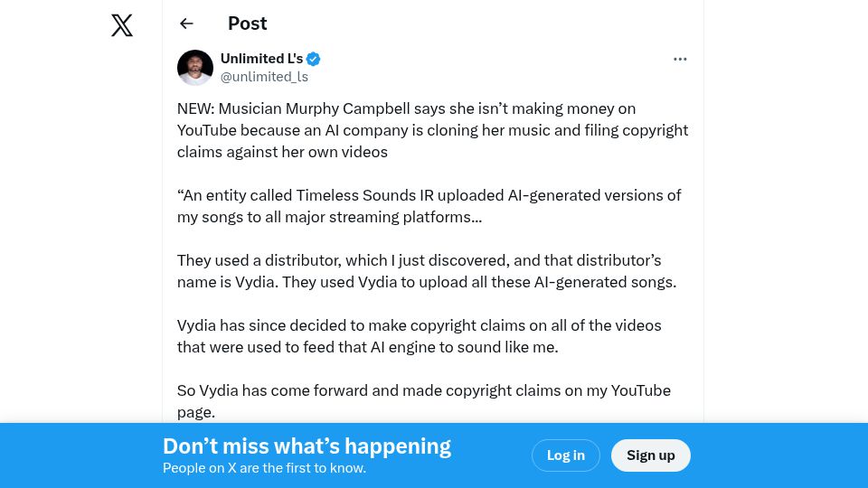 Screenshot of twitter.com: Musician says AI company is cloning her music, filing claims against her