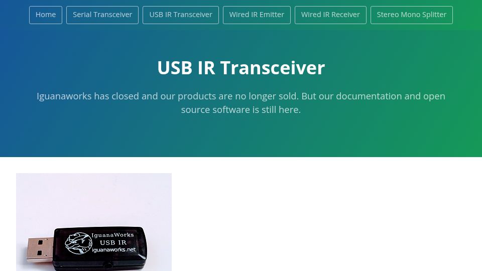 Screenshot of iguanaworks.net: Iguanaworks has closed and our products are no longer sold