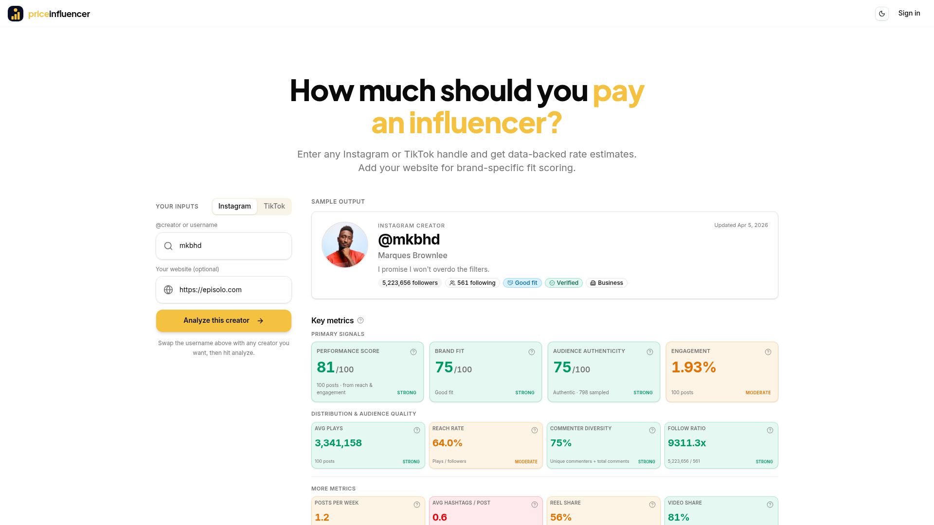 Screenshot of priceinfluencer.com: Show HN: Enter an Instagram/TikTok handle, get a data-backed price for collab