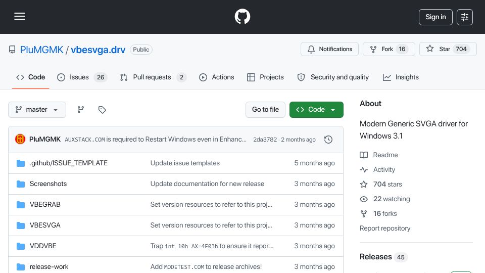 Screenshot of github.com: Modern Generic SVGA driver for Windows 3.1