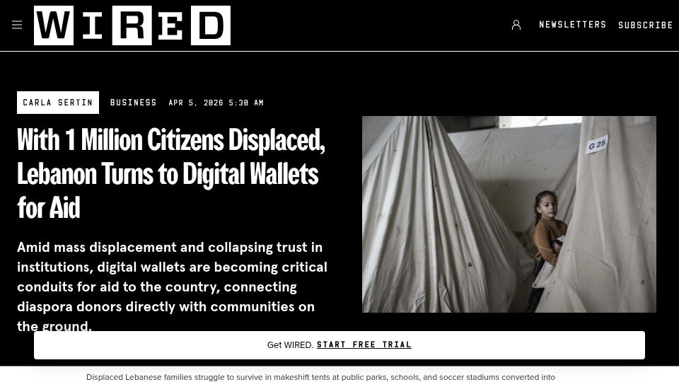 Screenshot of wired.com: With one million displaced, Lebanon turns to digital wallets for aid