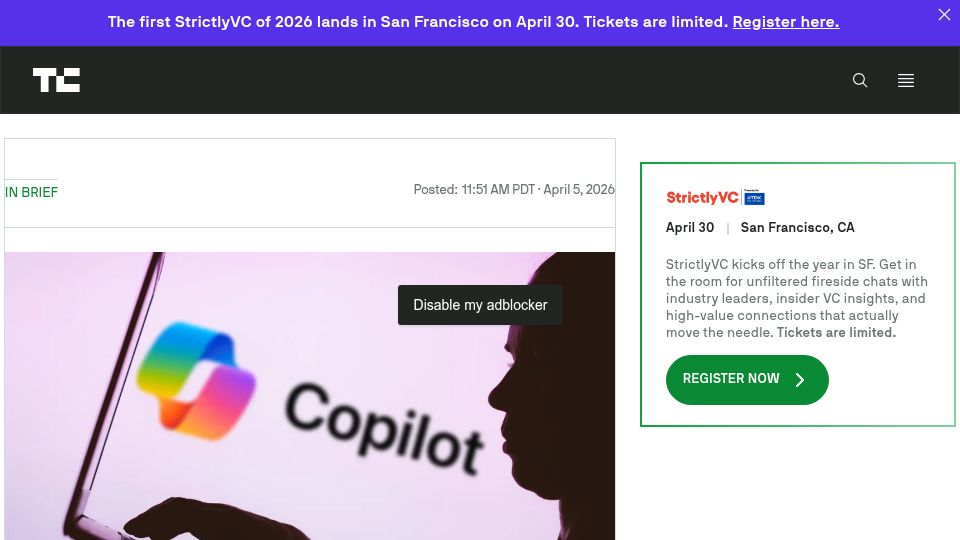 Screenshot of techcrunch.com: Copilot is 'for entertainment purposes only', per Microsoft's terms of use