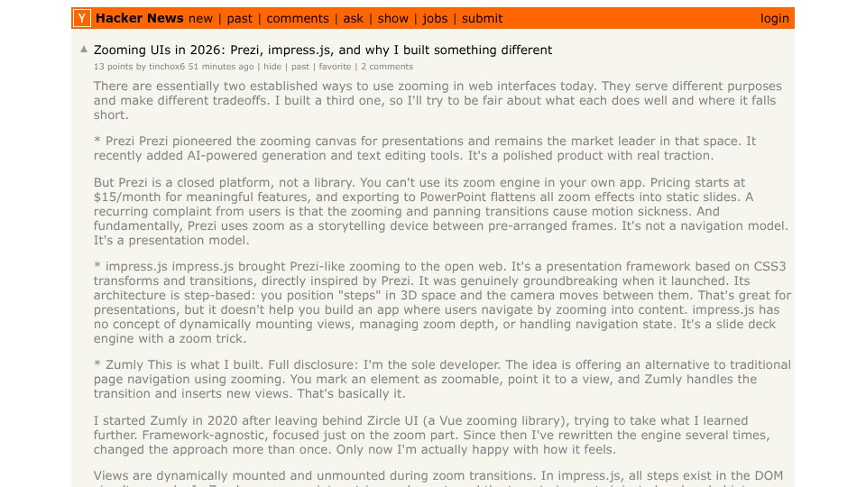 Screenshot of Hacker News post: Zooming UIs in 2026: Prezi, impress.js, and why I built something different