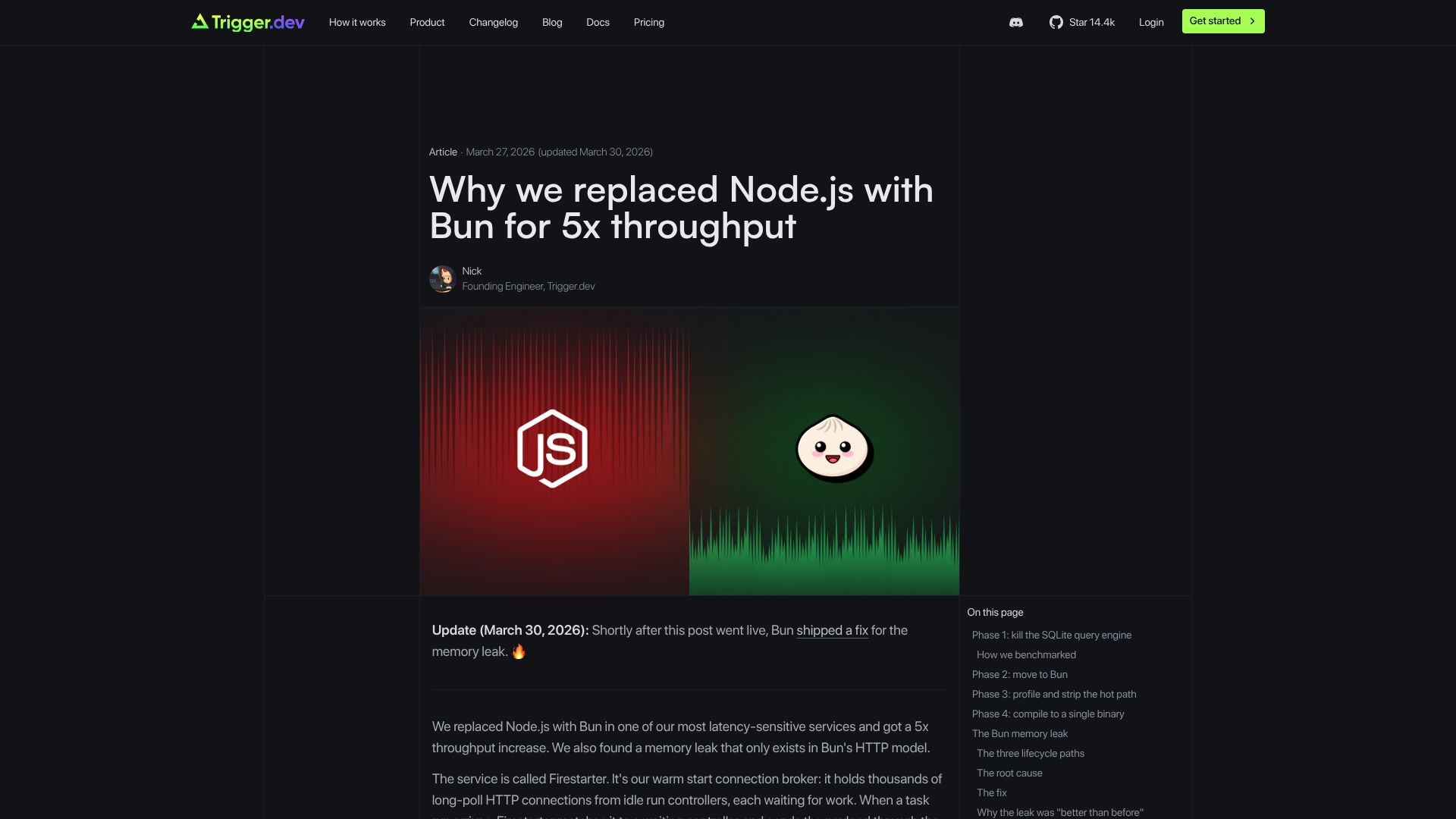 Screenshot of trigger.dev: We replaced Node.js with Bun for 5x throughput