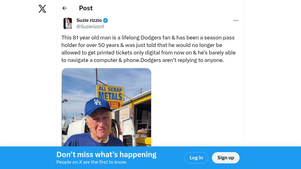 Screenshot of twitter.com: 81yo Dodgers fan can no longer get tickets because he doesn't have a smartphone