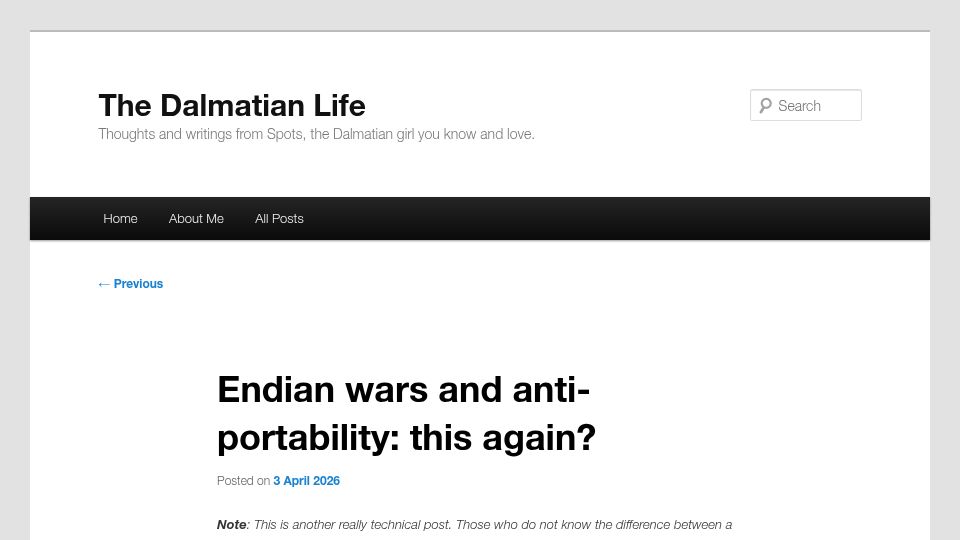 Screenshot of dalmatian.life: Endian wars and anti-portability: this again?
