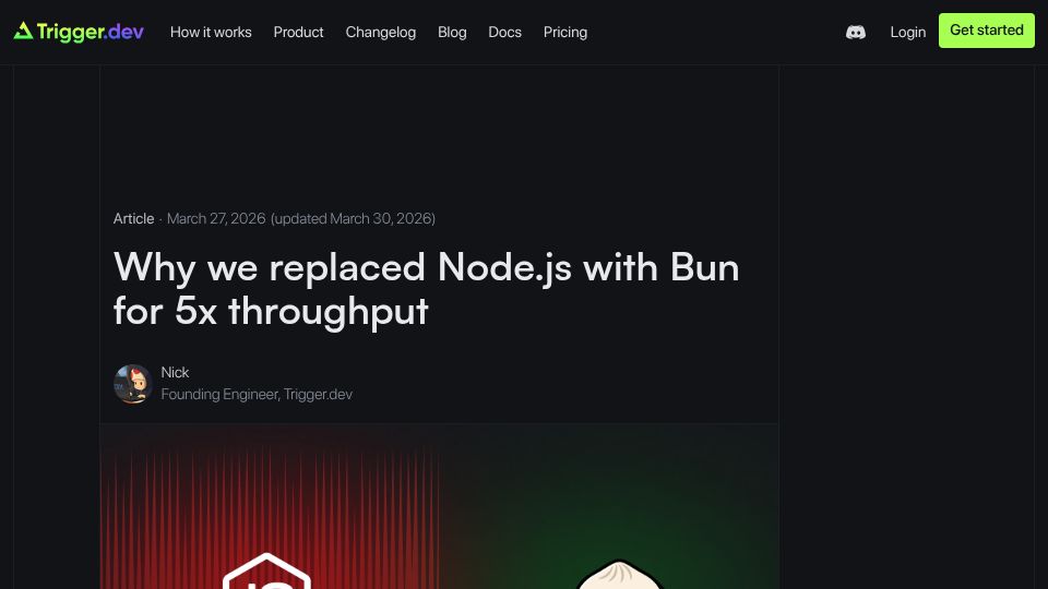 Screenshot of trigger.dev: We replaced Node.js with Bun for 5x throughput
