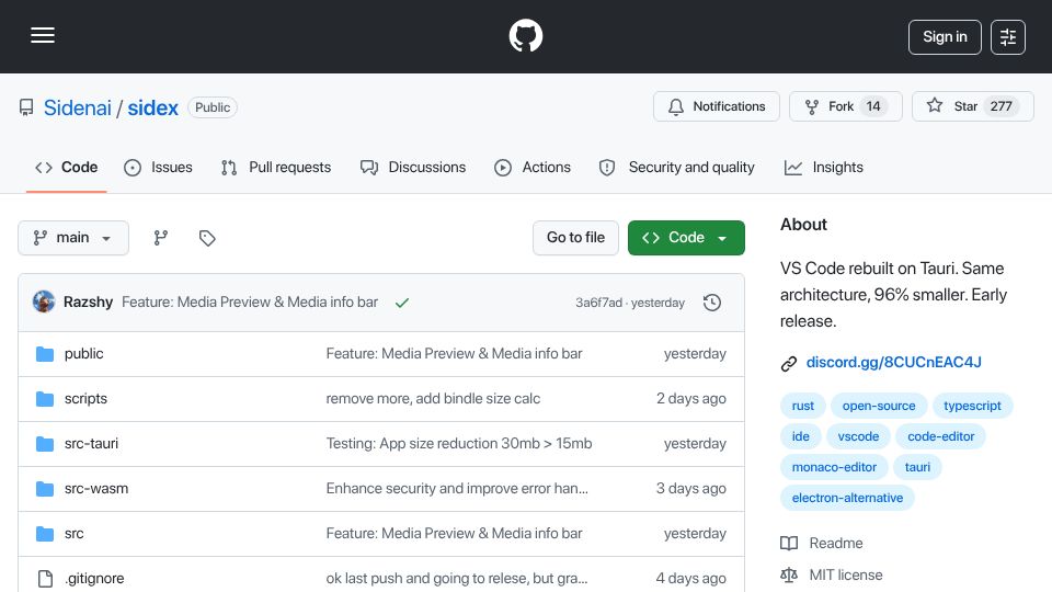 Screenshot of github.com: SideX – A Tauri-based port of Visual Studio Code