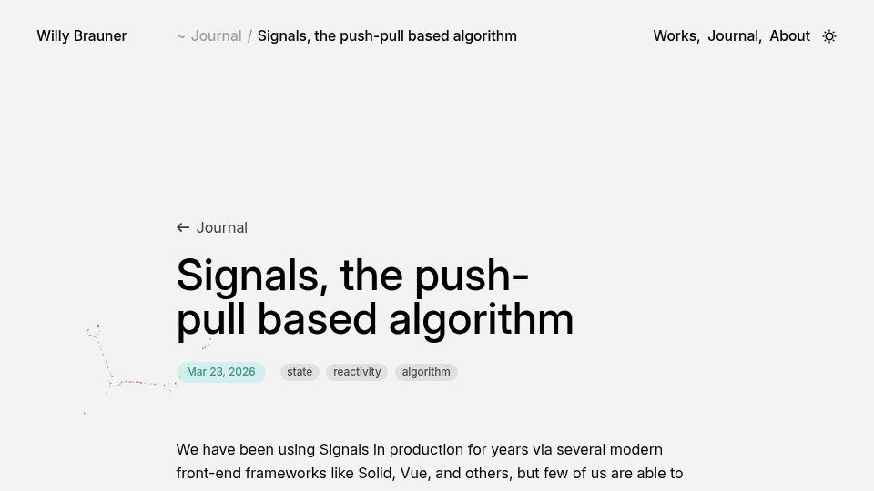 Screenshot of willybrauner.com: Signals, the push-pull based algorithm