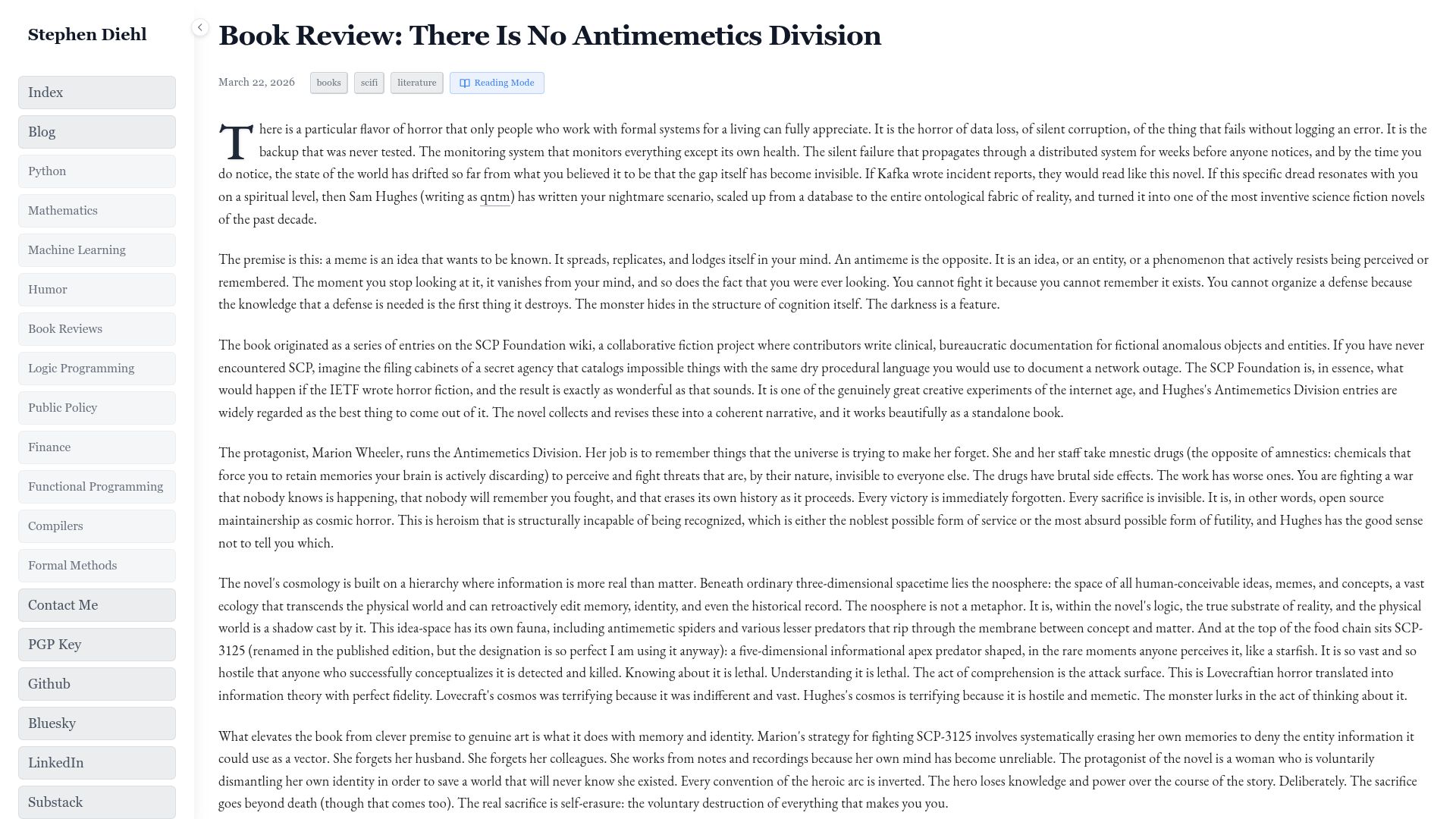 Screenshot of stephendiehl.com: Book review: There Is No Antimemetics Division