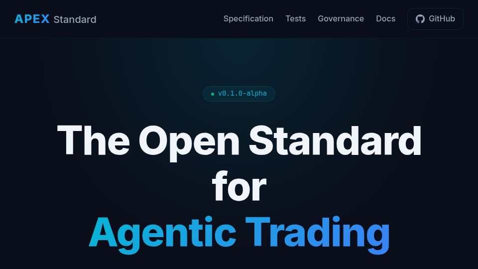 Screenshot of apexstandard.org: Apex Protocol – An open MCP-based standard for AI agent trading