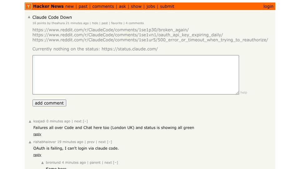 Screenshot of Hacker News post: Claude Code Down