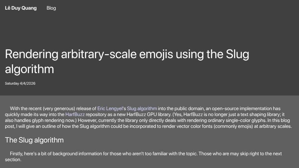 Screenshot of leduyquang753.name.vn: Rendering arbitrary-scale emojis using the Slug algorithm