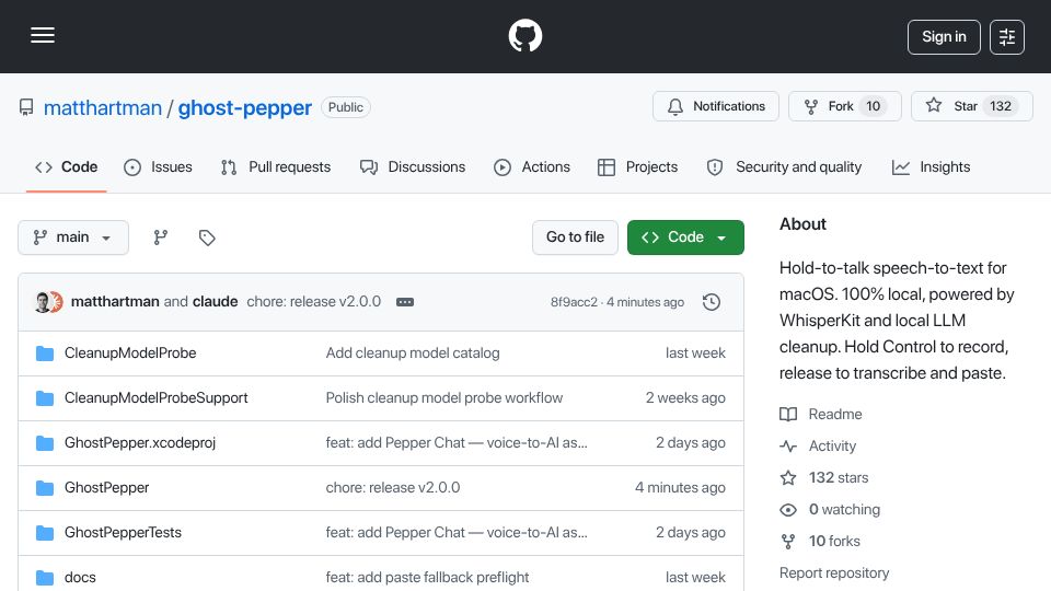 Screenshot of github.com: Show HN: Ghost Pepper – Local hold-to-talk speech-to-text for macOS