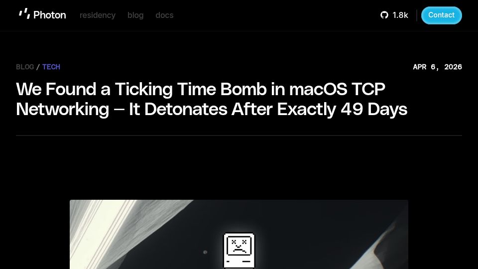 Screenshot of photon.codes: A macOS bug that causes TCP networking to stop working after 49.7 days