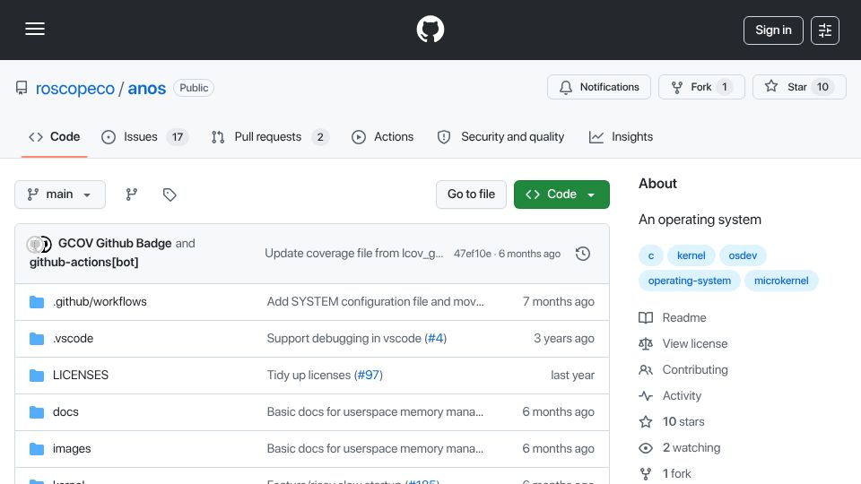 Screenshot of github.com: Show HN: Anos – a hand-written ~100KiB microkernel for x86-64 and RISC-V