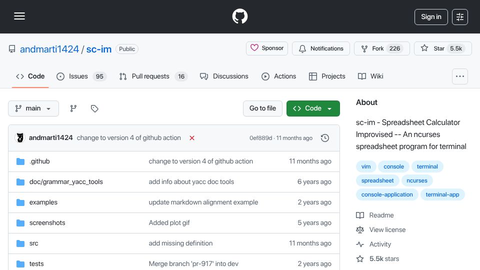 Screenshot of github.com: Sc-im: Spreadsheets in your terminal