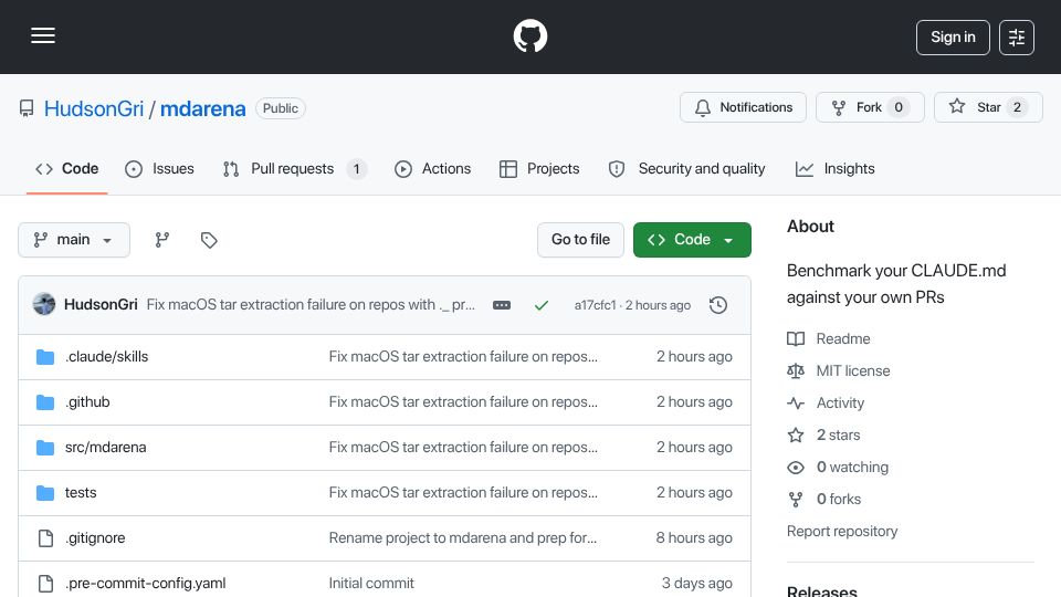 Screenshot of github.com: Show HN: Mdarena – Benchmark your Claude.md against your own PRs