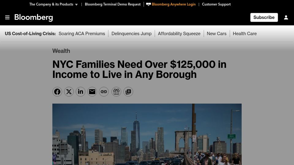 Screenshot of bloomberg.com: NYC Families Need over $125,000 in Income to Live in Any Borough