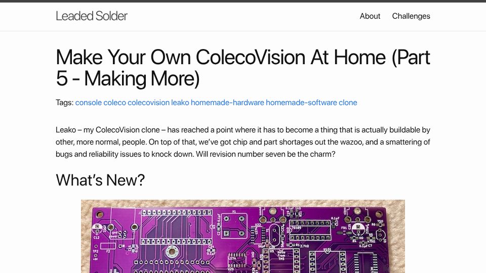 Screenshot of leadedsolder.com: Make your own ColecoVision at home, part 5