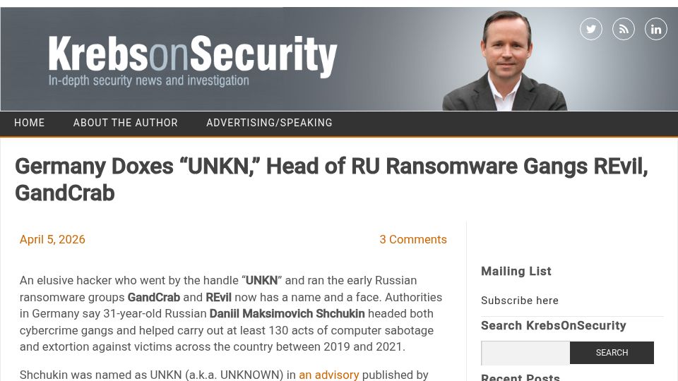 Screenshot of krebsonsecurity.com: German police name alleged leaders of GandCrab and REvil ransomware groups