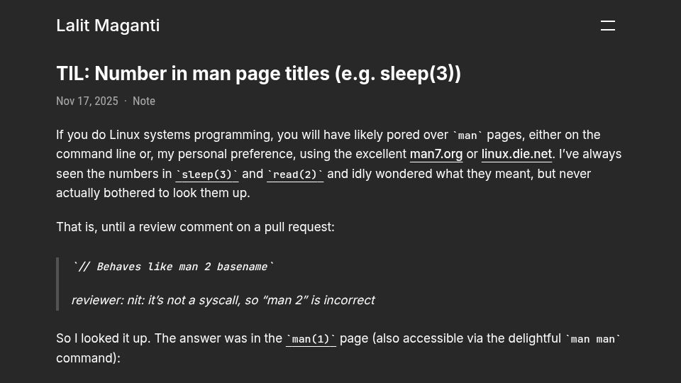 Screenshot of lalitm.com: Number in man page titles e.g. sleep(3)