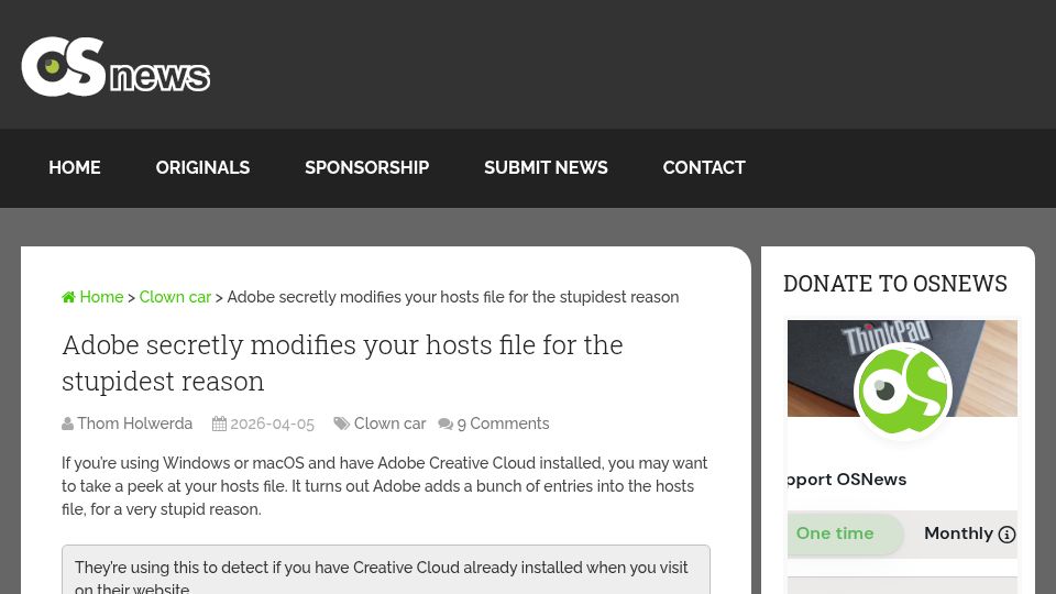 Screenshot of osnews.com: Adobe modifies hosts file to detect whether Creative Cloud is installed