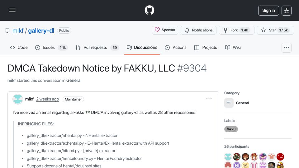 Screenshot of github.com: Media scraper Gallery-dl is moving to Codeberg after receiving a DMCA notice