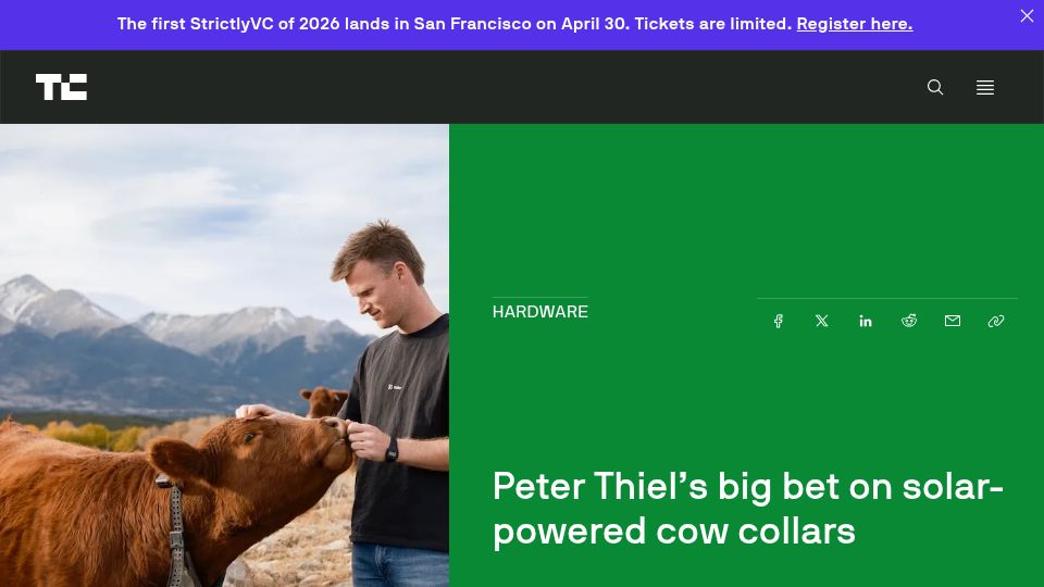Screenshot of techcrunch.com: Peter Thiel's big bet on solar-powered cow collars