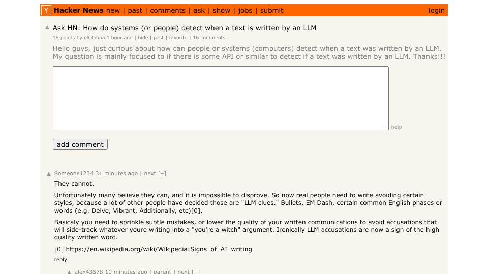 Screenshot of Hacker News post: Ask HN: How do systems (or people) detect when a text is written by an LLM