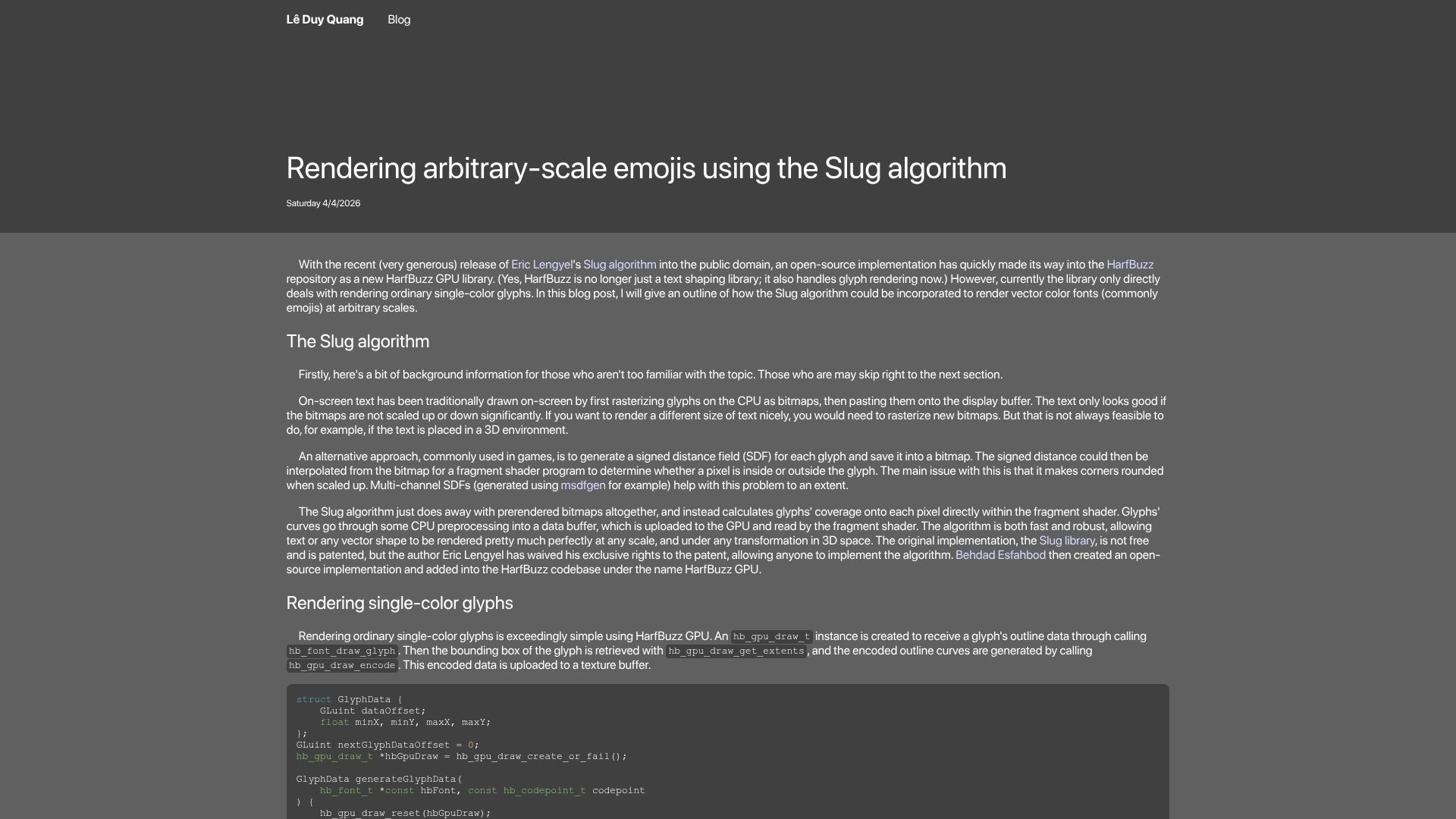 Screenshot of leduyquang753.name.vn: Rendering arbitrary-scale emojis using the Slug algorithm