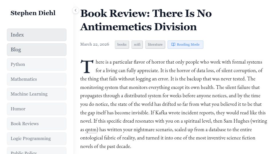 Screenshot of stephendiehl.com: Book review: There Is No Antimemetics Division