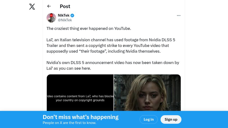 Screenshot of twitter.com: Italian TV Copyright-Strikes Nvidia over Nvidia's Own DLSS 5 Footage