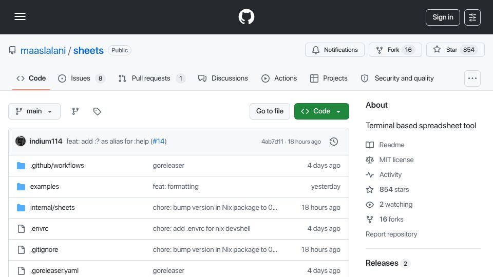 Screenshot of github.com: Sheets Spreadsheets in Your Terminal