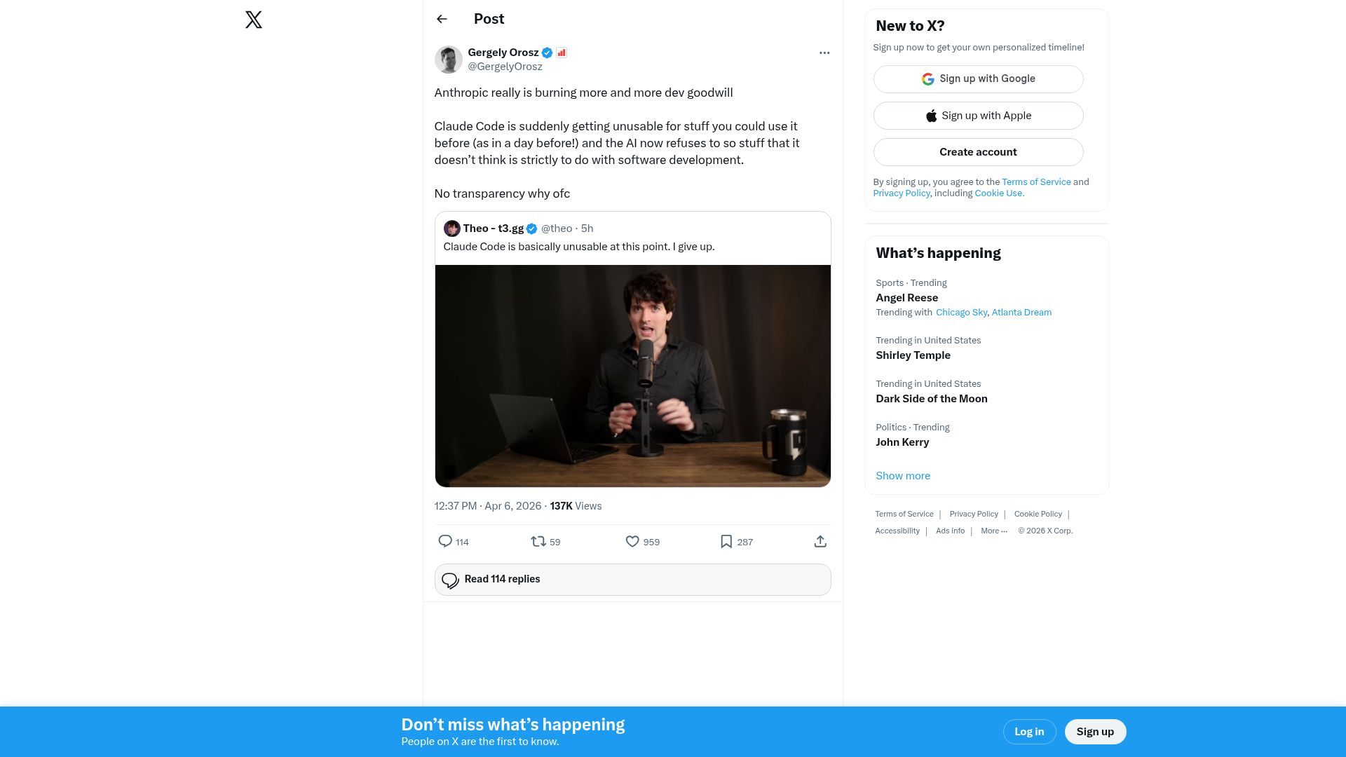 Screenshot of twitter.com: Anthropic is burning more and more dev goodwill