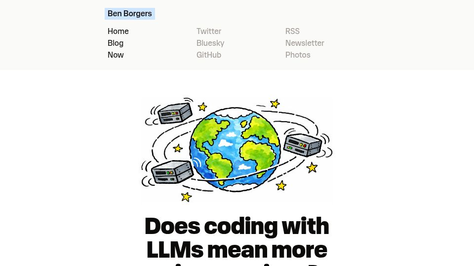 Screenshot of ben.page: Does coding with LLMs mean more microservices?