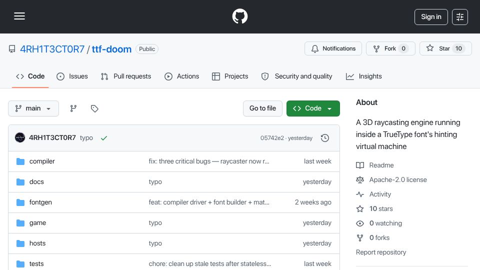Screenshot of github.com: Show HN: TTF-DOOM – A raycaster running inside TrueType font hinting