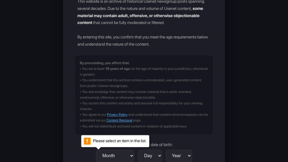 Screenshot of usenetarchives.com: Usenet Archives