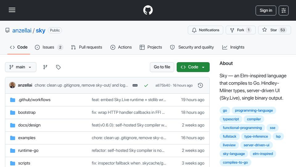 Screenshot of github.com: Sky – an Elm-inspired language that compiles to Go