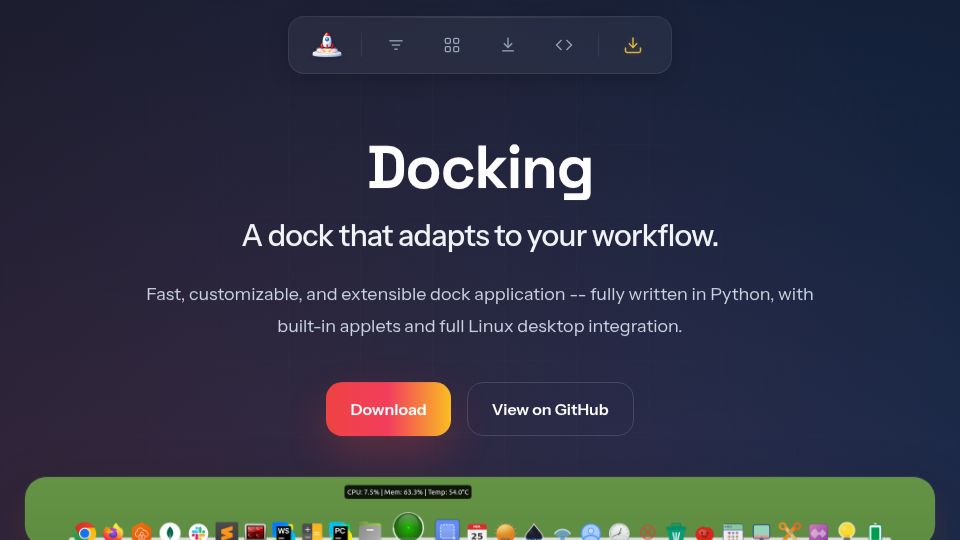 Screenshot of docking.cc: Show HN: Docking – Extensible Linux dock in Python