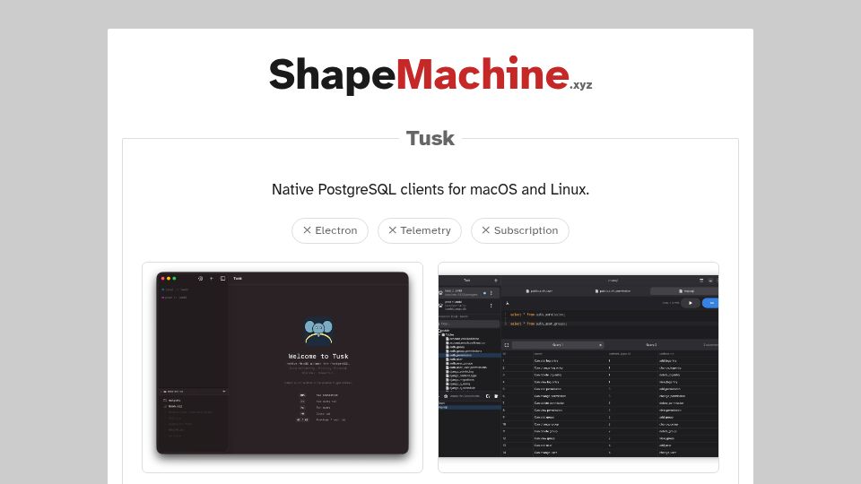 Screenshot of shapemachine.xyz: Show HN: Tusk for macOS and Gnome