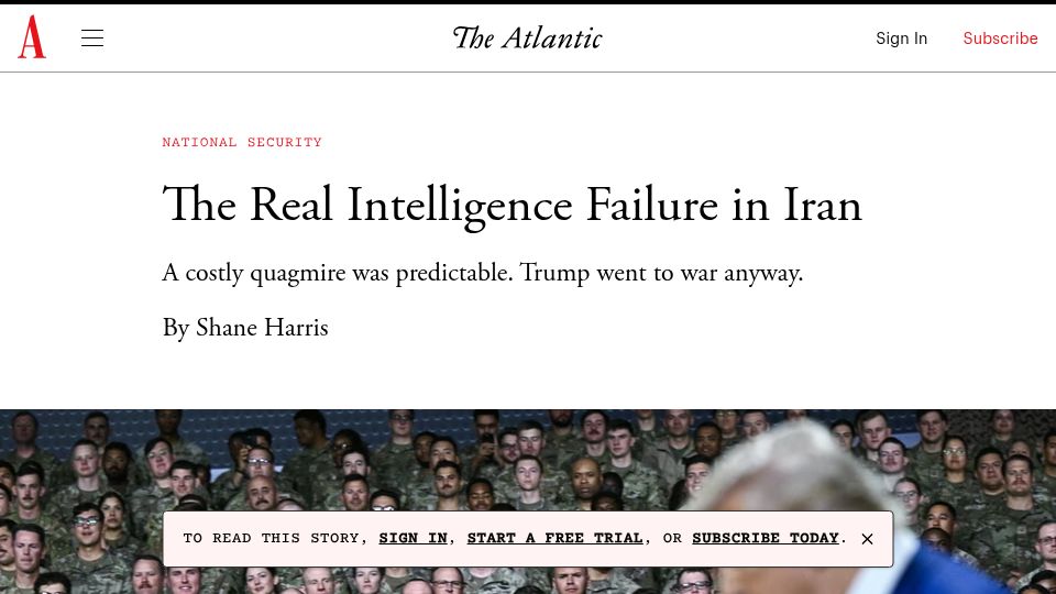 Screenshot of theatlantic.com: The Intelligence Failure in Iran
