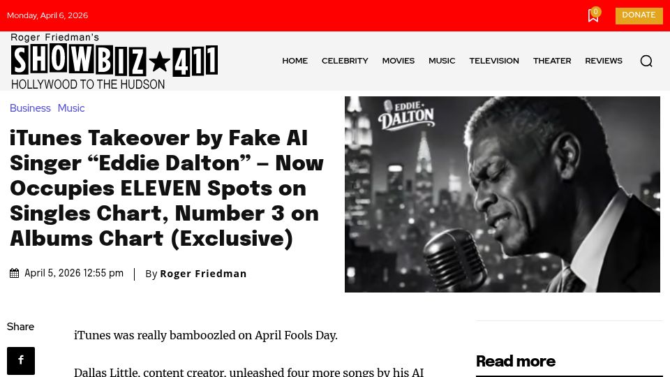 Screenshot of showbiz411.com: AI singer now occupies eleven spots on iTunes singles chart