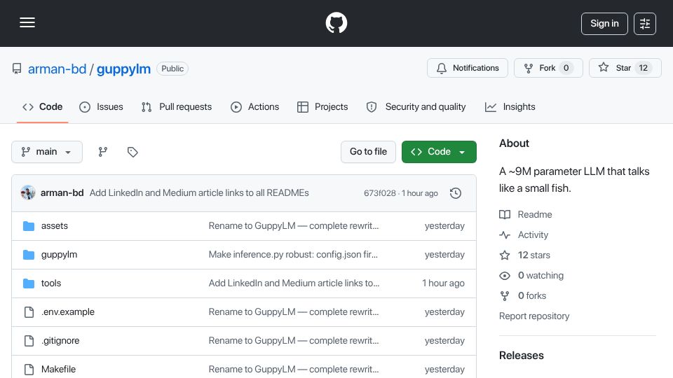 Screenshot of github.com: Show HN: I built a tiny LLM to demystify how language models work