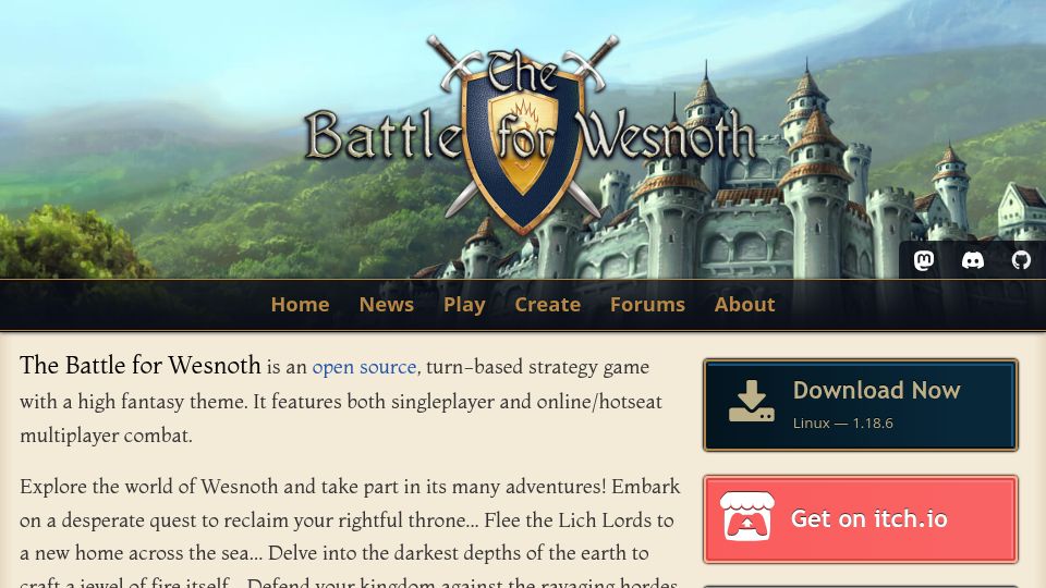 Screenshot of wesnoth.org: Battle for Wesnoth: open-source, turn-based strategy game
