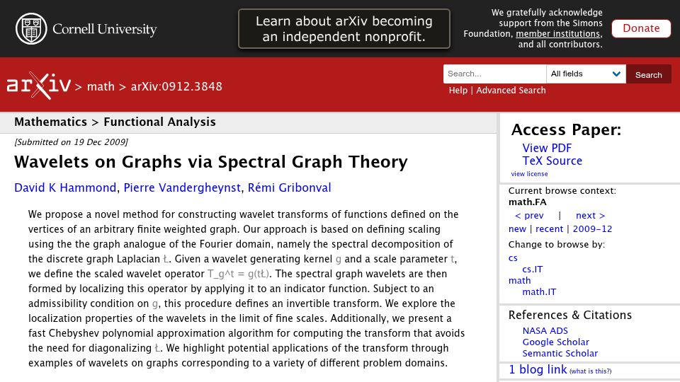 Screenshot of arxiv.org: Wavelets on Graphs via Spectral Graph Theory (2009)